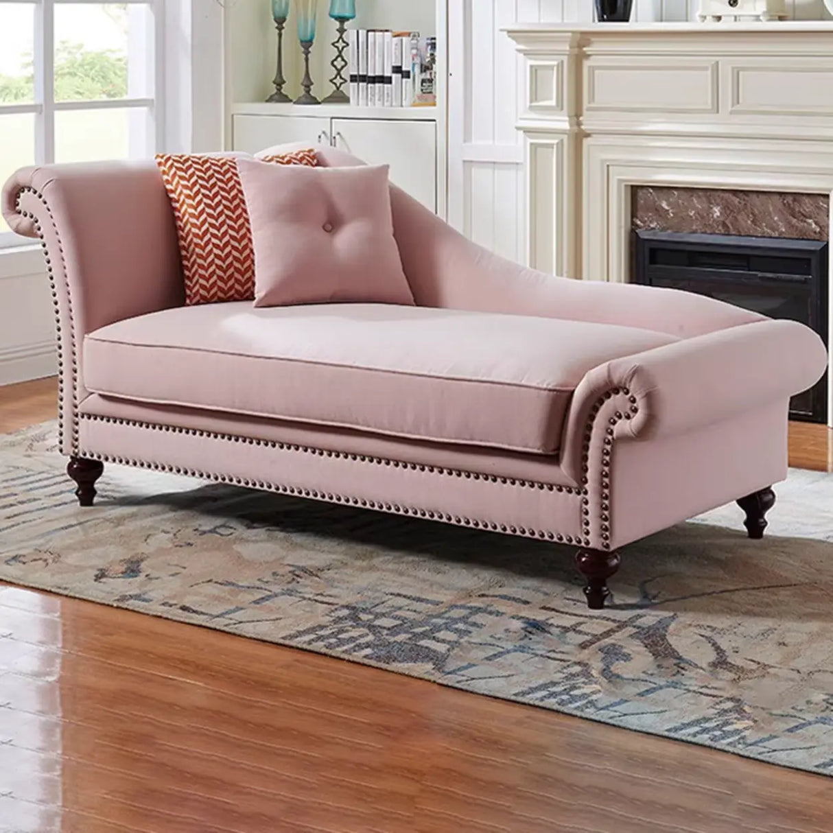 Striped Fabric Left-Arm Chaise with Nailhead Trim Image - 9
