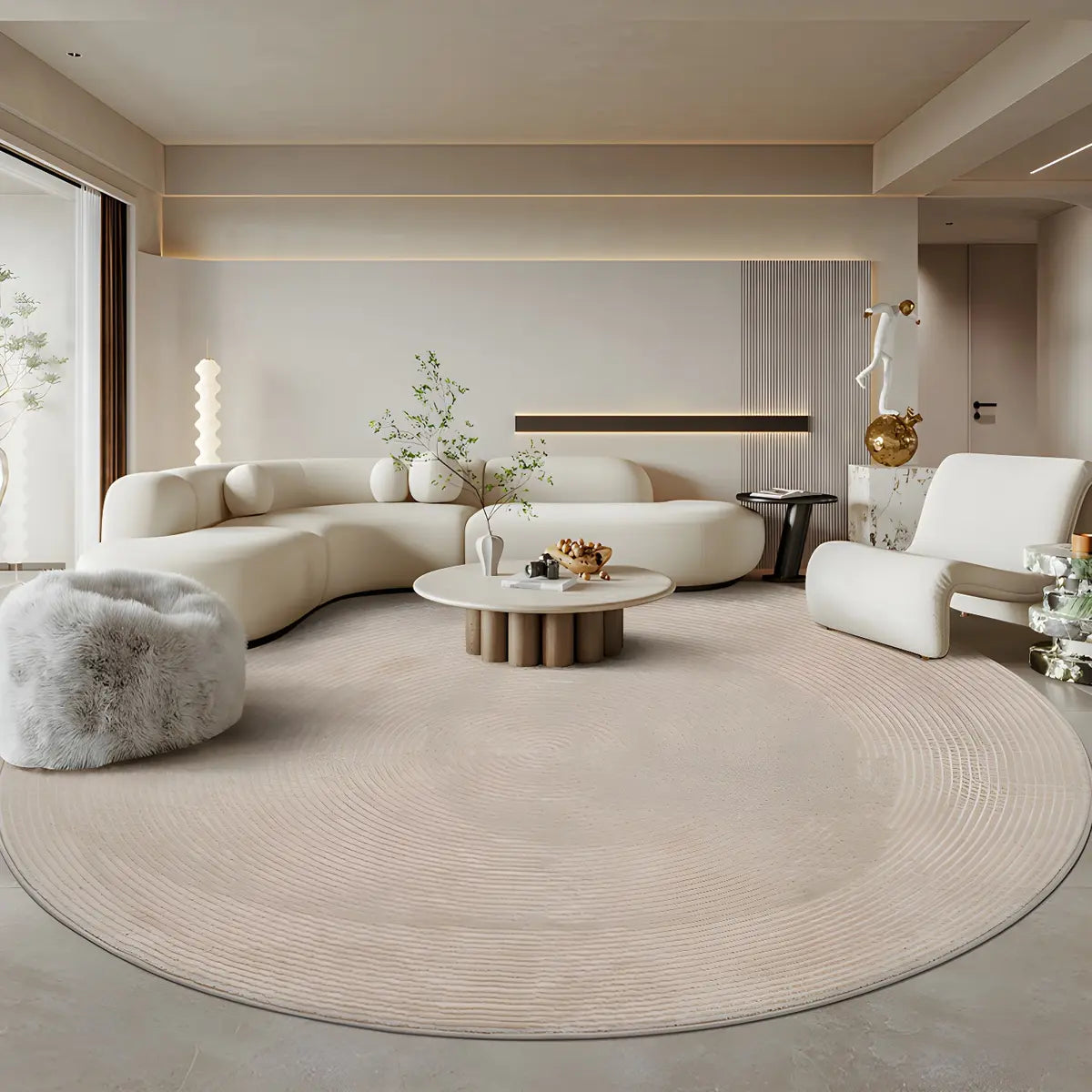 Striped Modern Round Beige Polyester Medium Area Rug Image - 4