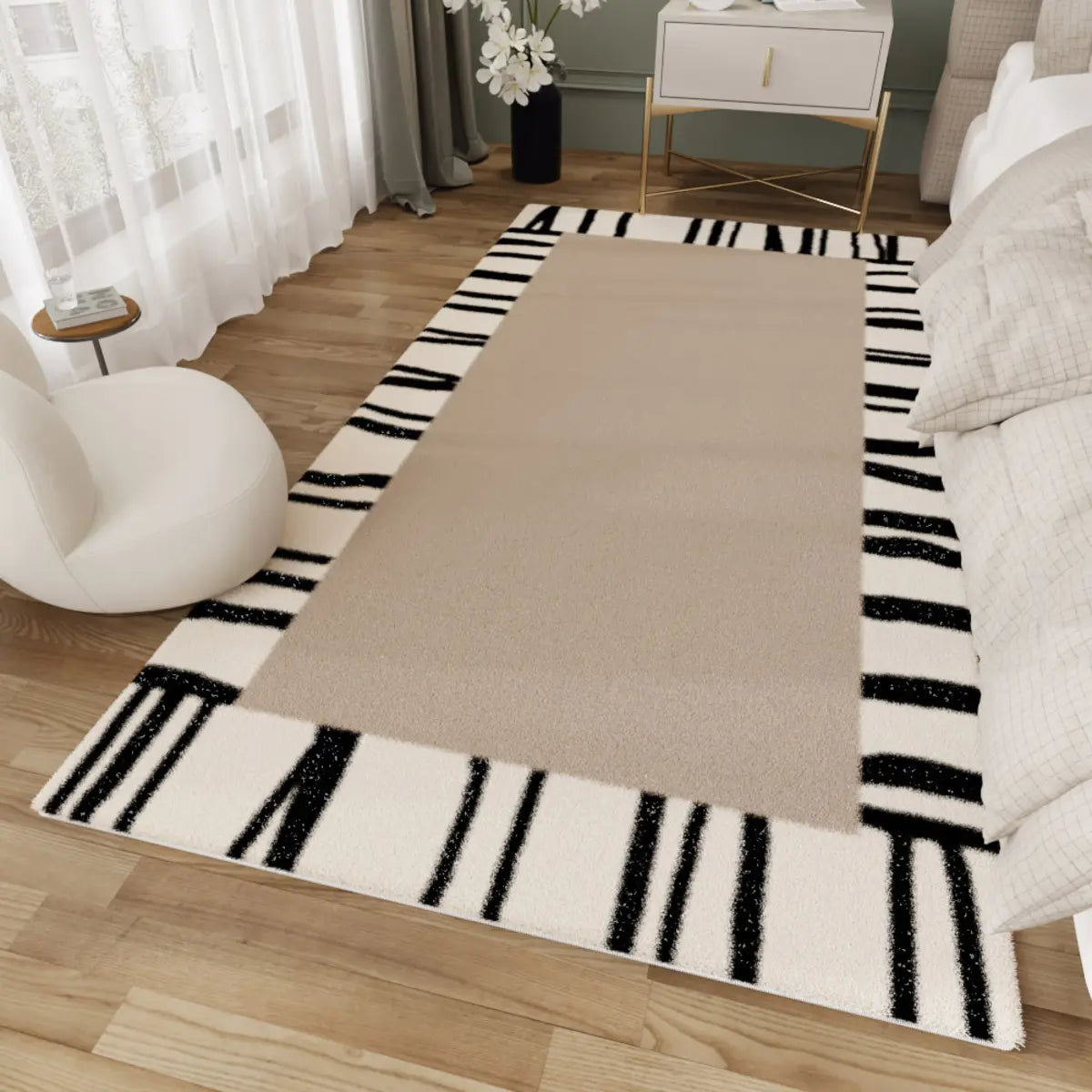 Stylish Bedroom Beige Rectangle Plush 	Striped Area Rug Image - 2