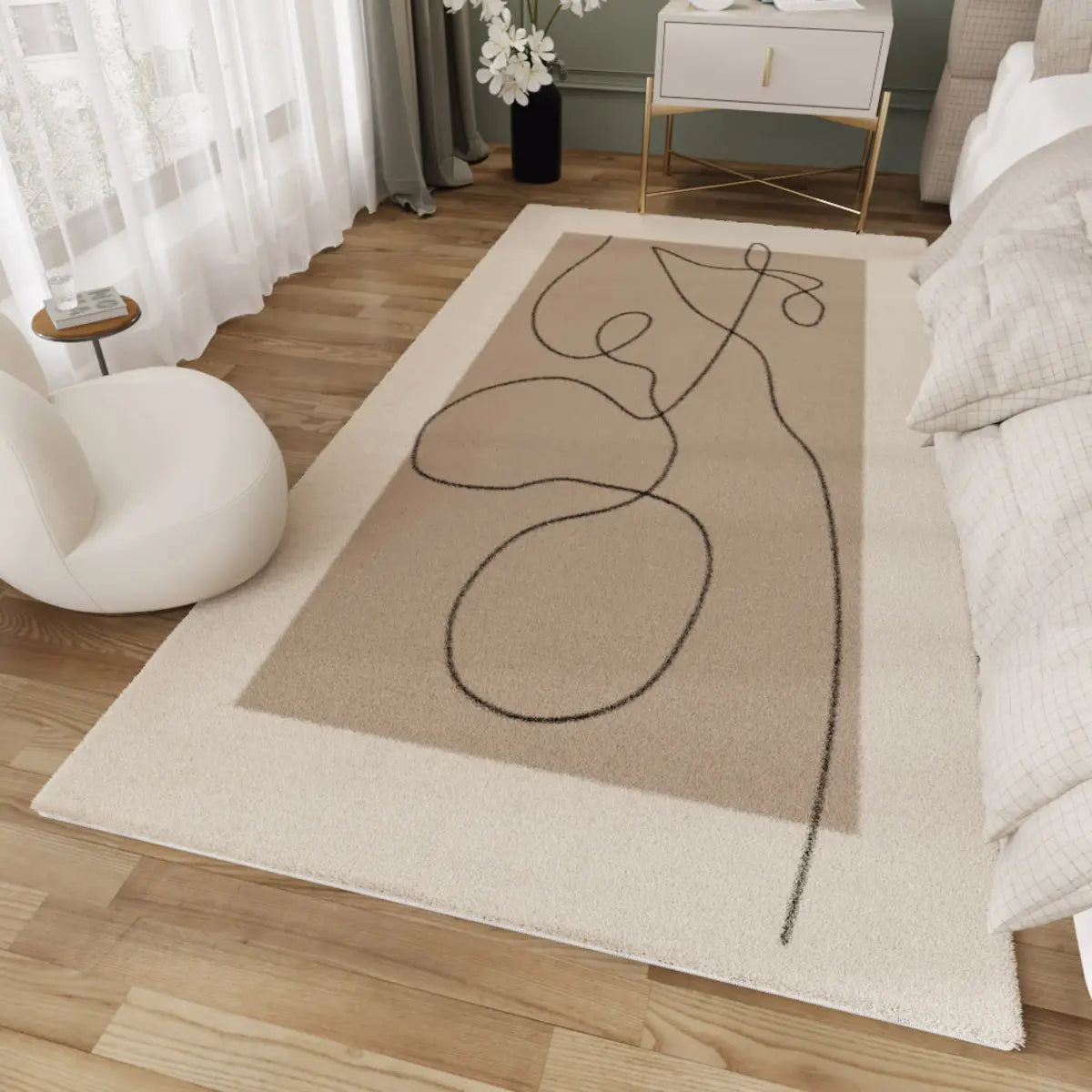 Stylish Bedroom Beige Rectangle Plush 	Striped Area Rug Image - 6