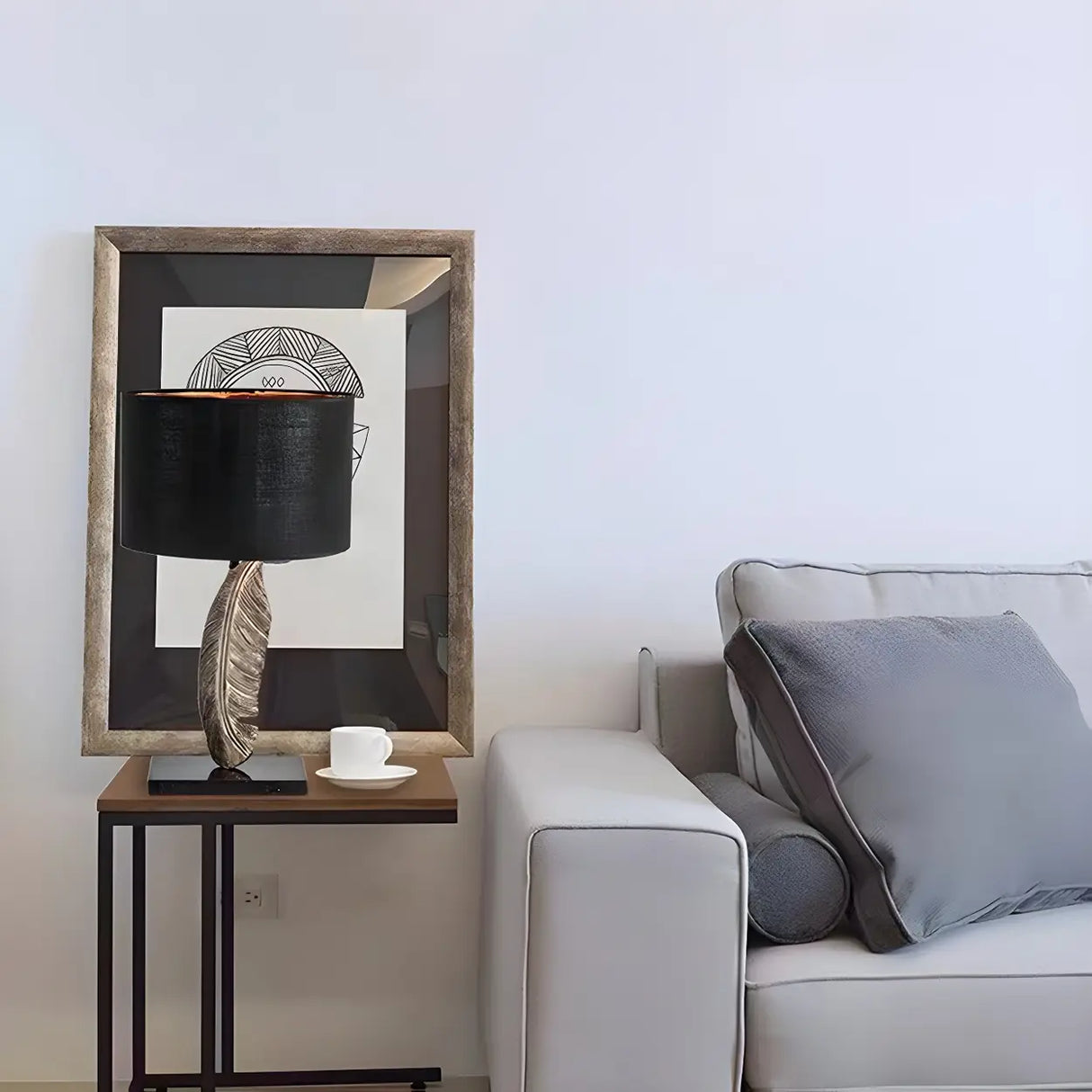 Stylish Black Drum Shade Chic Feather Base Table Lamp Image - 5