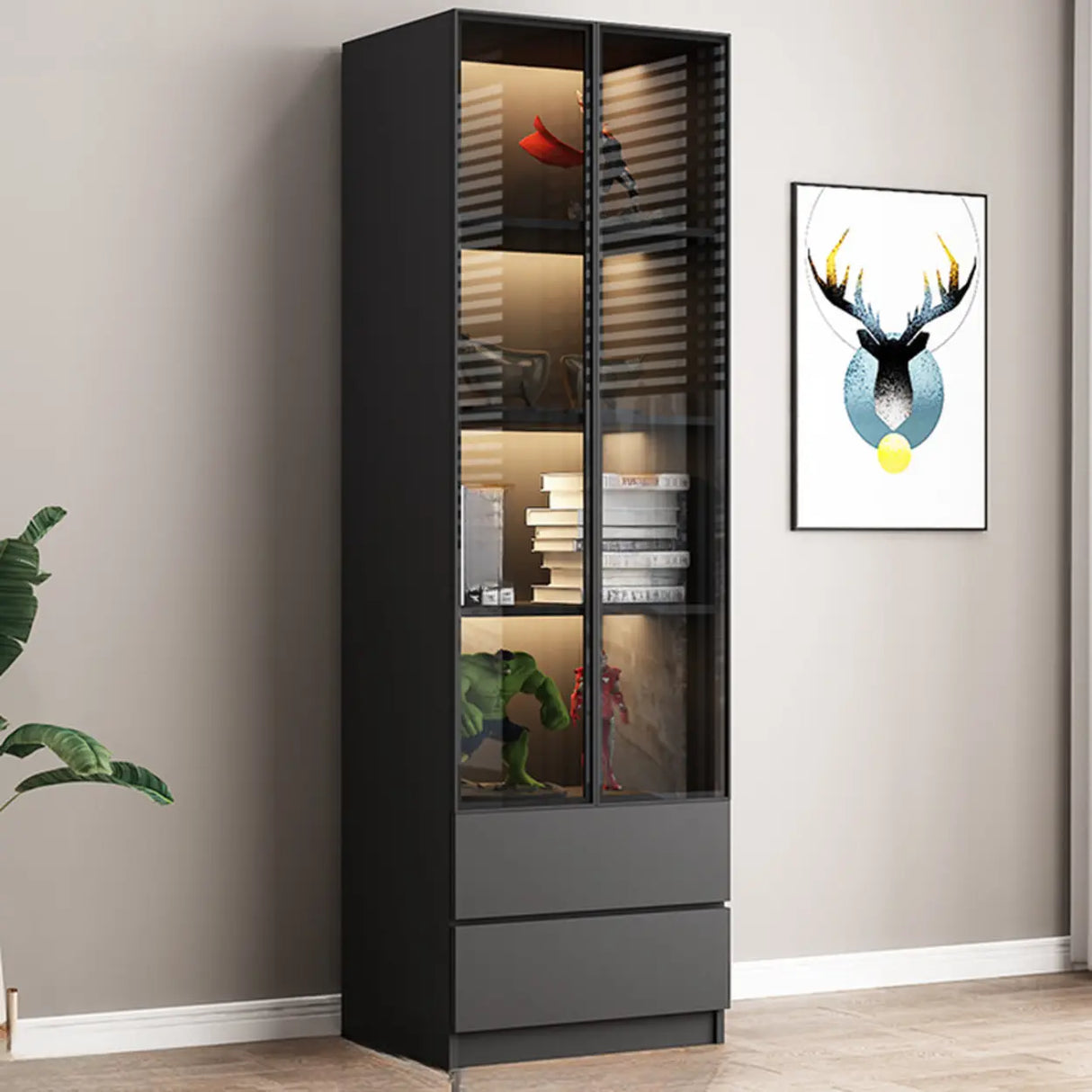 Stylish Black Living Room Glass Door Display Cabinet Image - 11