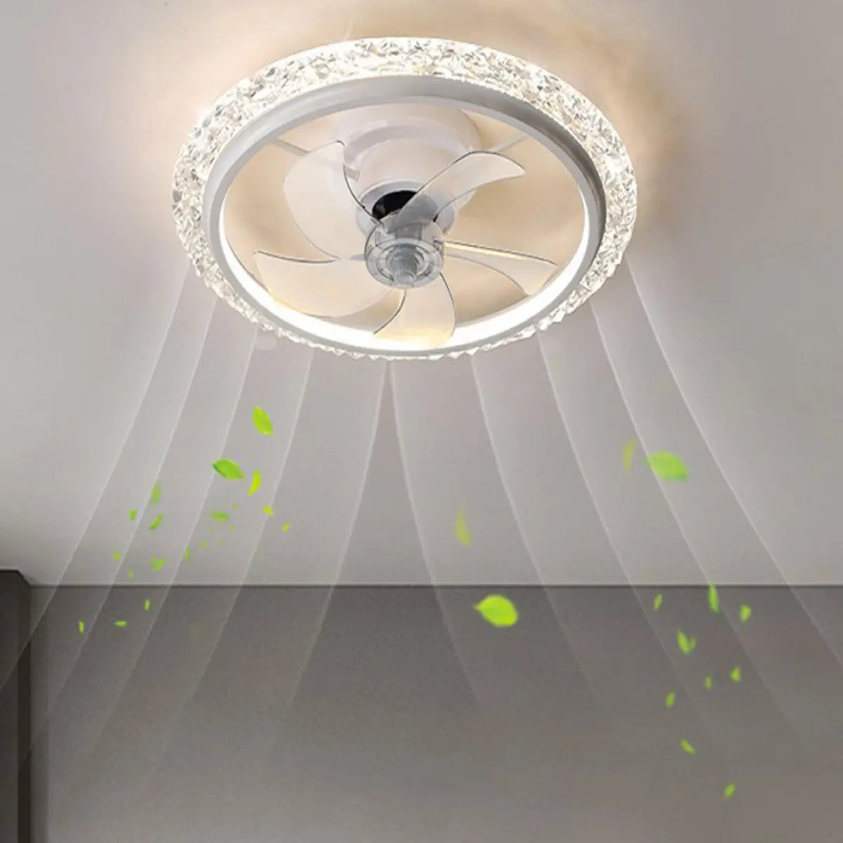 Stylish Clear 5-Blade Round Crystal Ceiling Fan Light Image - 1