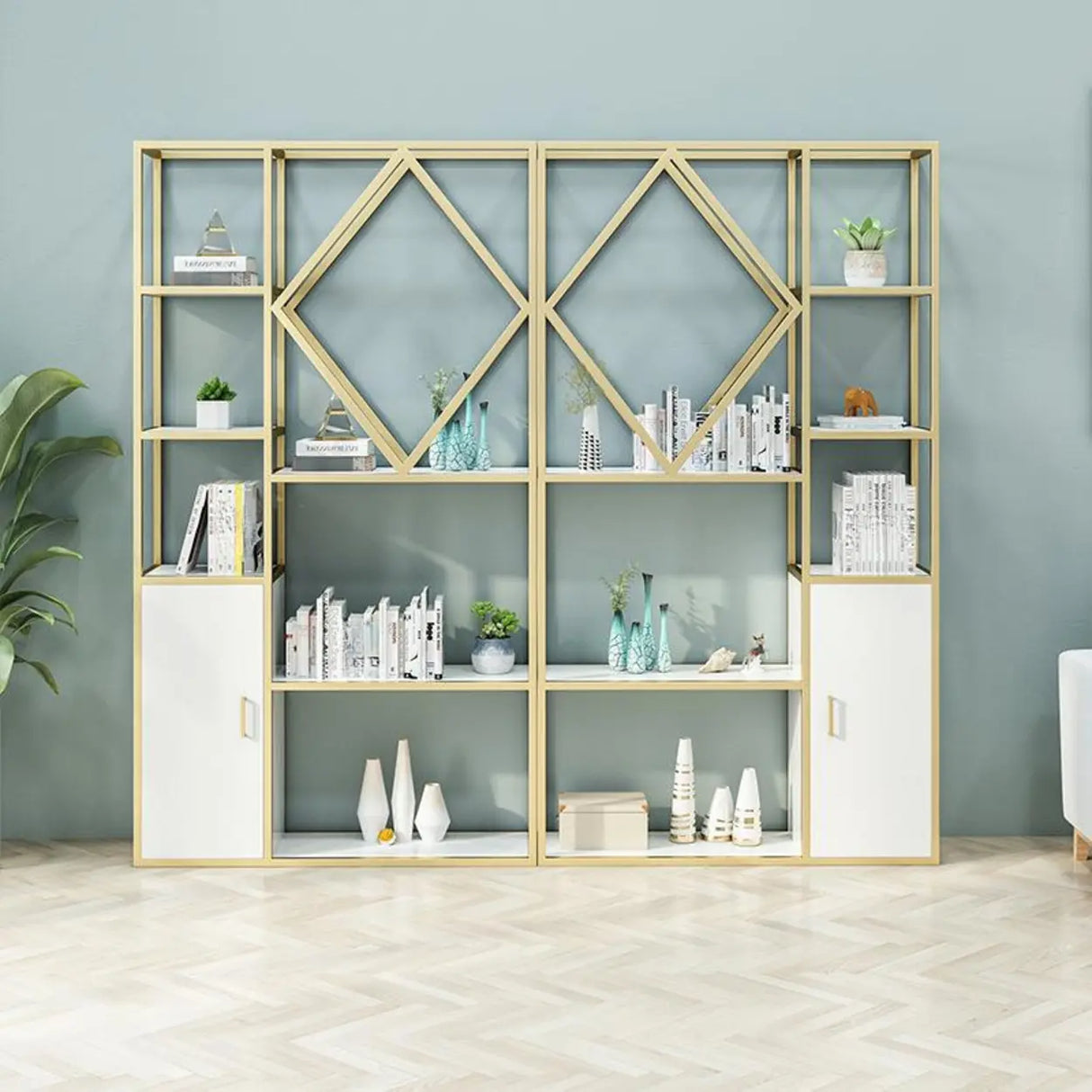 Stylish Geometric Metallic Gold Steel Display Bookshelf Image - 3