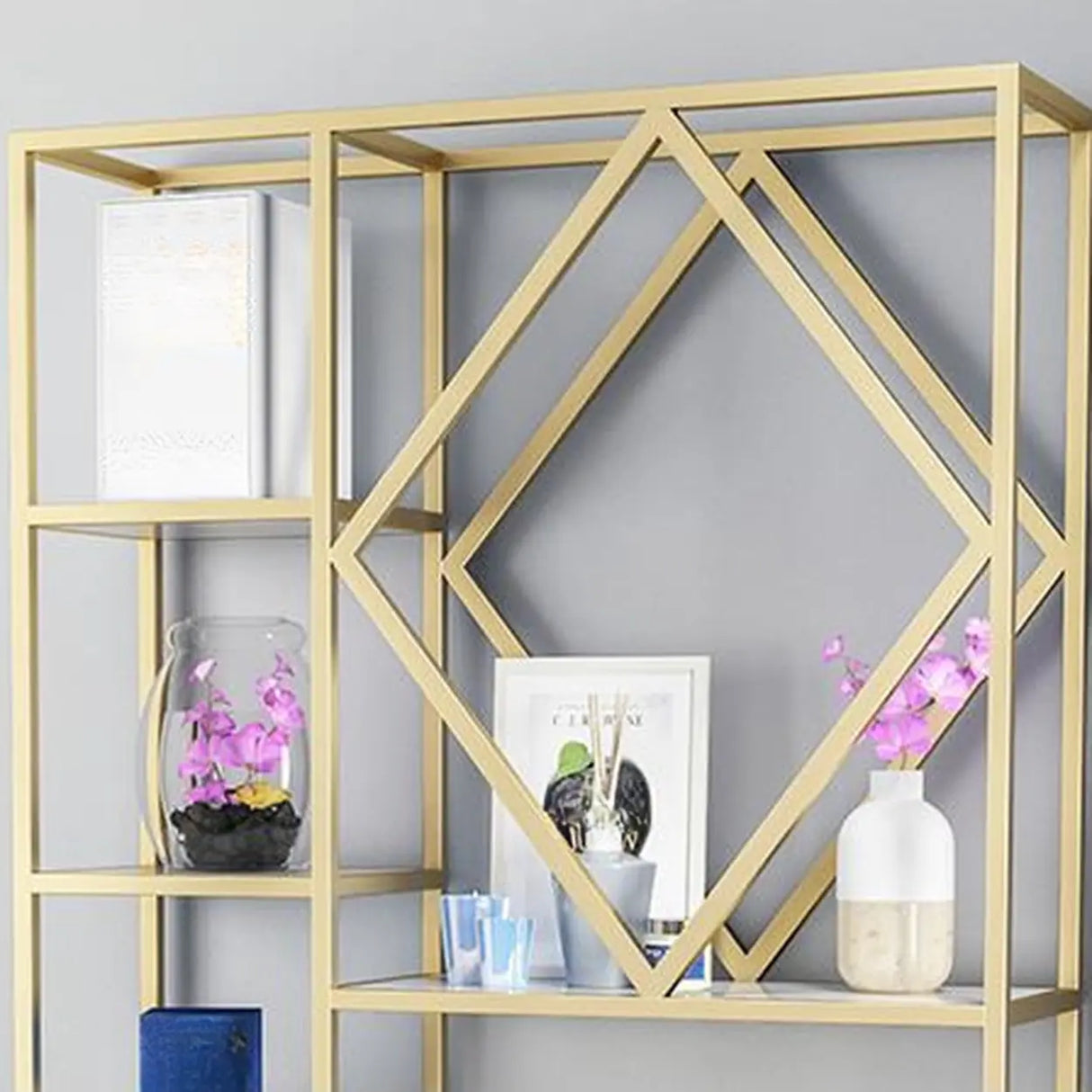 Stylish Geometric Metallic Gold Steel Display Bookshelf Image - 4