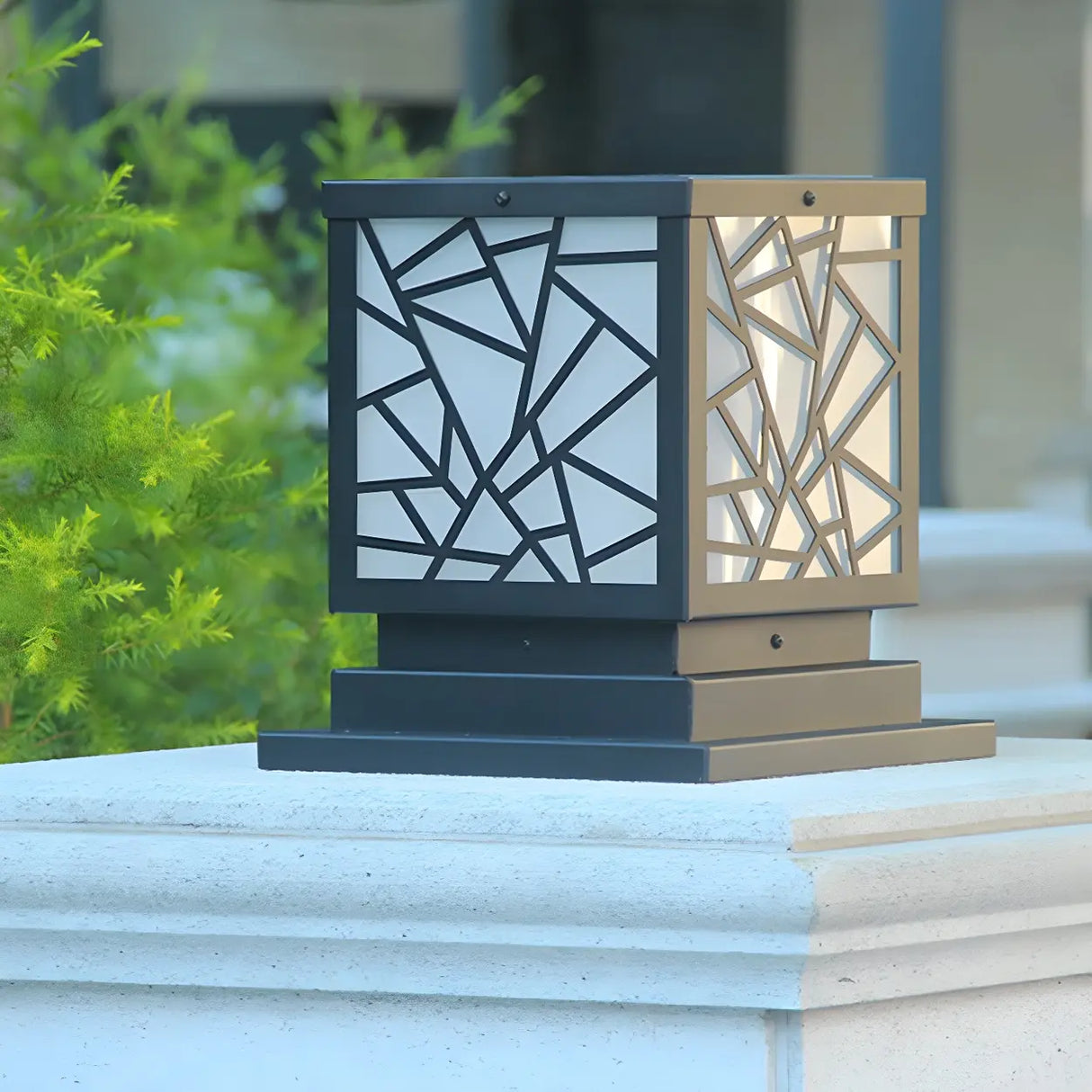 Stylish Geometric Solar Black Outdoor Post Table Lamp Image - 6