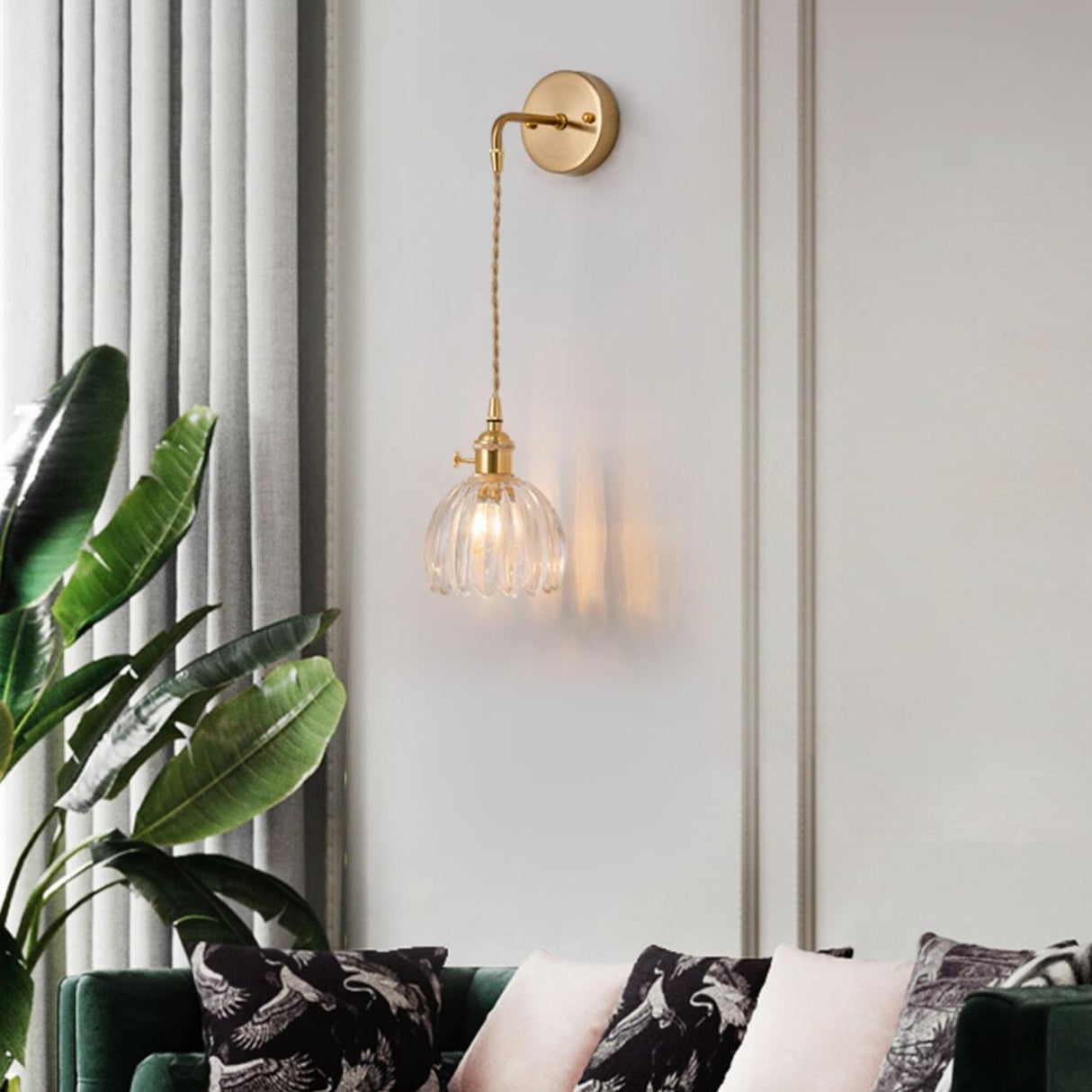 Stylish Gold Flower Clear Glass Bedside Wall Sconce Image - 4
