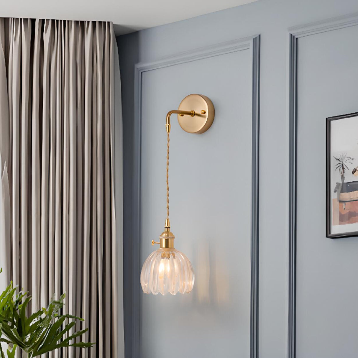 Stylish Gold Flower Clear Glass Bedside Wall Sconce Image - 8