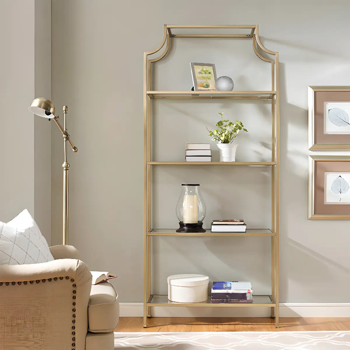 Stylish Golden Open-Back Iron Etagere Display Bookshelf Image - 2