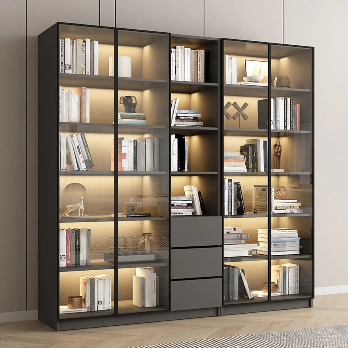 Stylish Grey Wood Vertical Glass Door Tall Bookcase Image - 1
