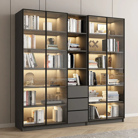 Stylish Grey Wood Vertical Glass Door Tall Bookcase Image - 1