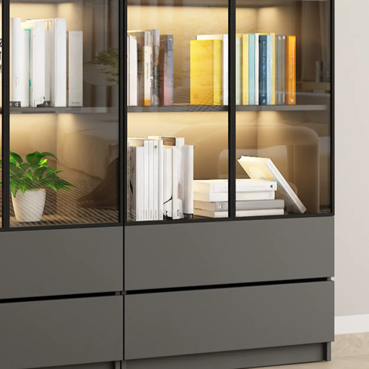 Stylish Grey Wood Vertical Glass Door Tall Bookcase Image - 10