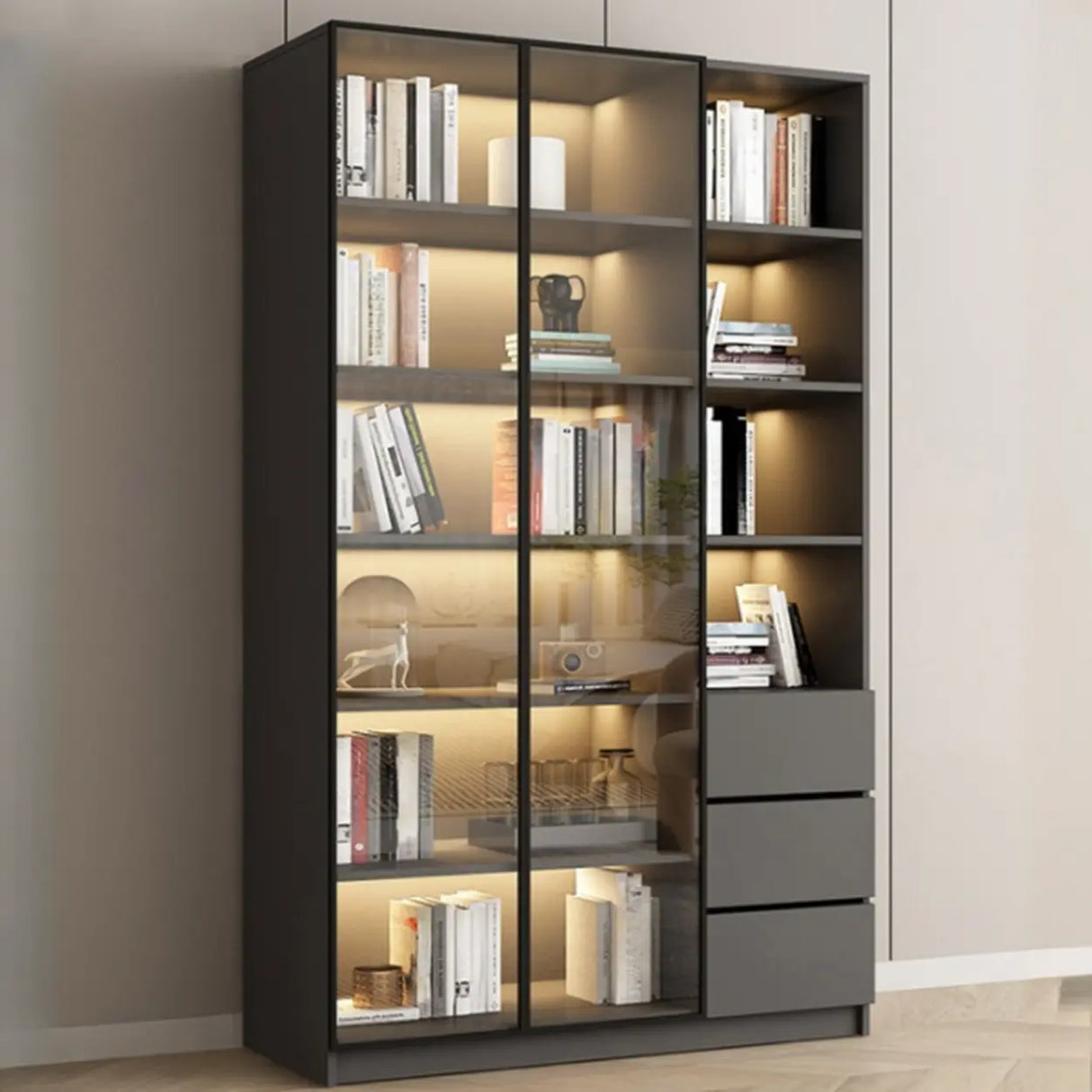 Stylish Grey Wood Vertical Glass Door Tall Bookcase Image - 11