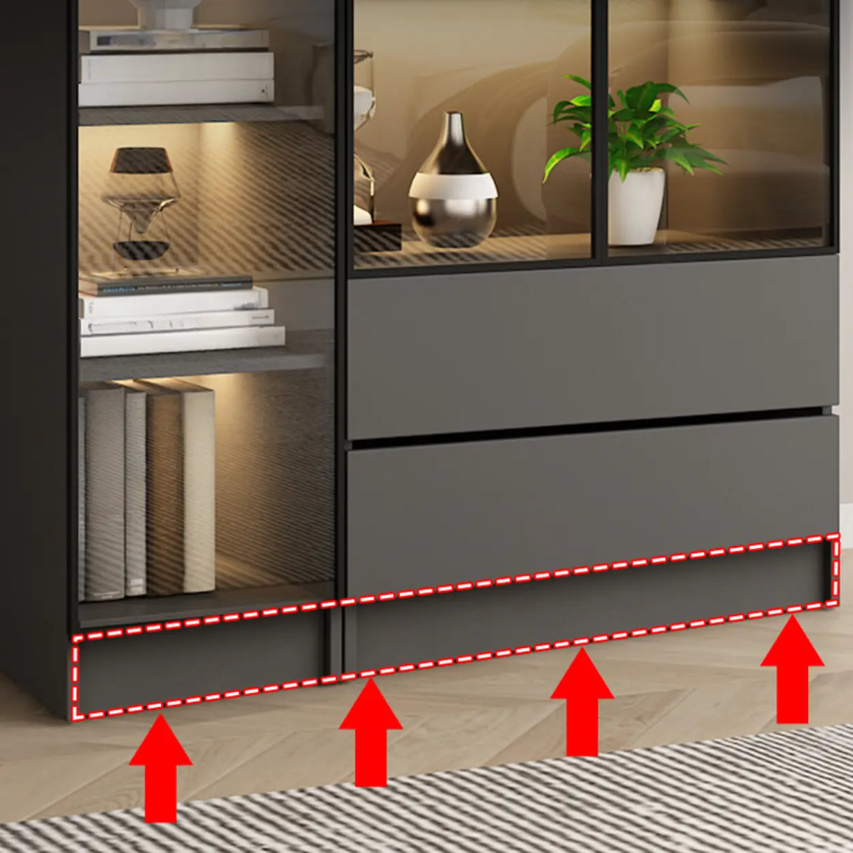 Stylish Grey Wood Vertical Glass Door Tall Bookcase Image - 12