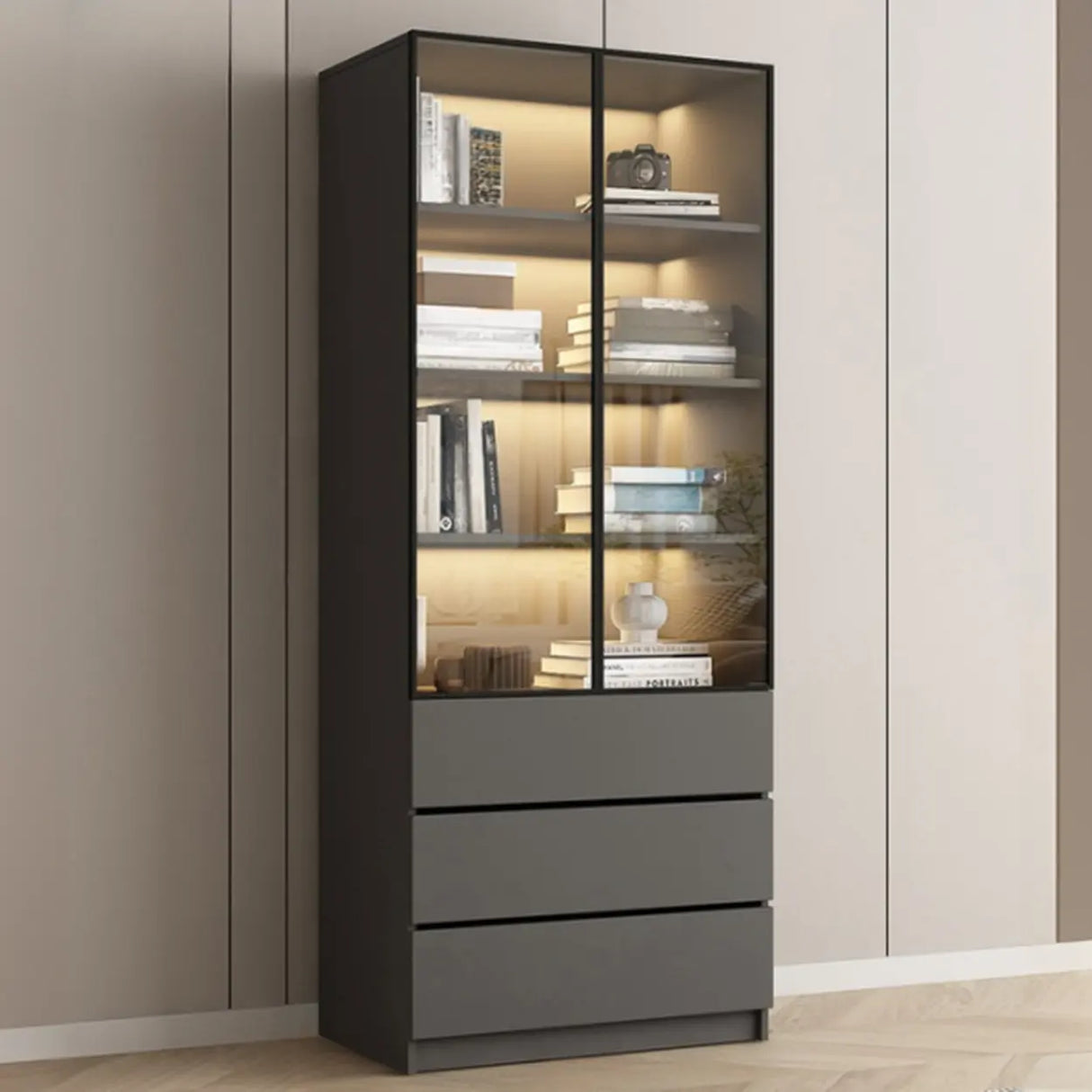 Stylish Grey Wood Vertical Glass Door Tall Bookcase Image - 13