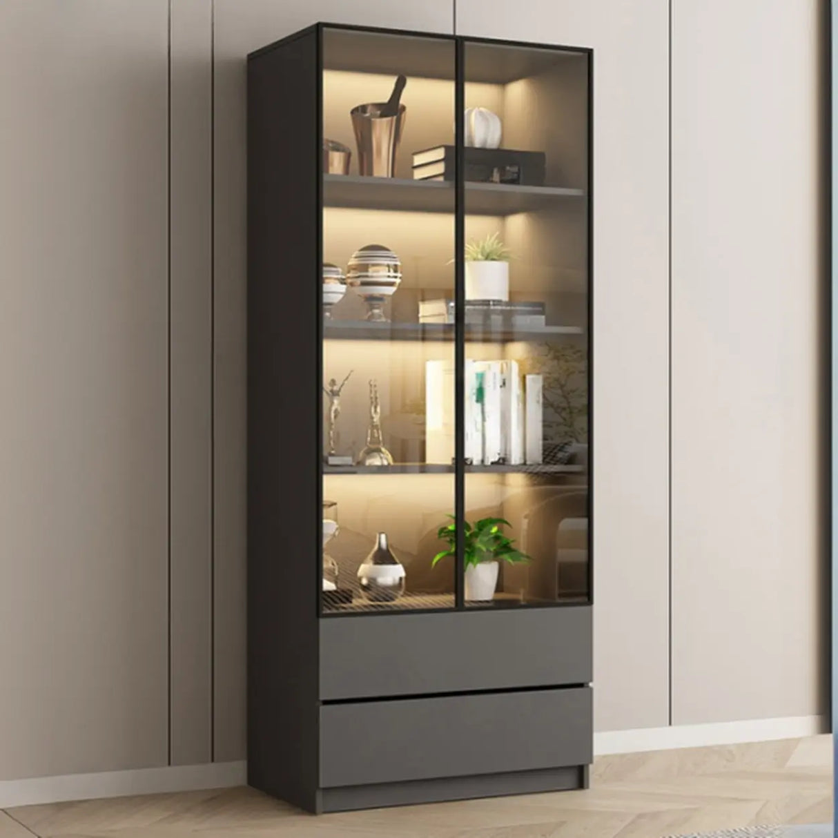 Stylish Grey Wood Vertical Glass Door Tall Bookcase Image - 14