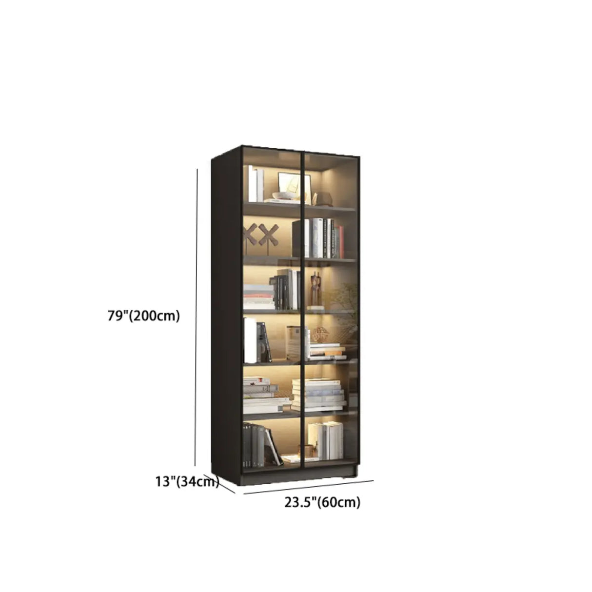 Stylish Grey Wood Vertical Glass Door Tall Bookcase Image - 16