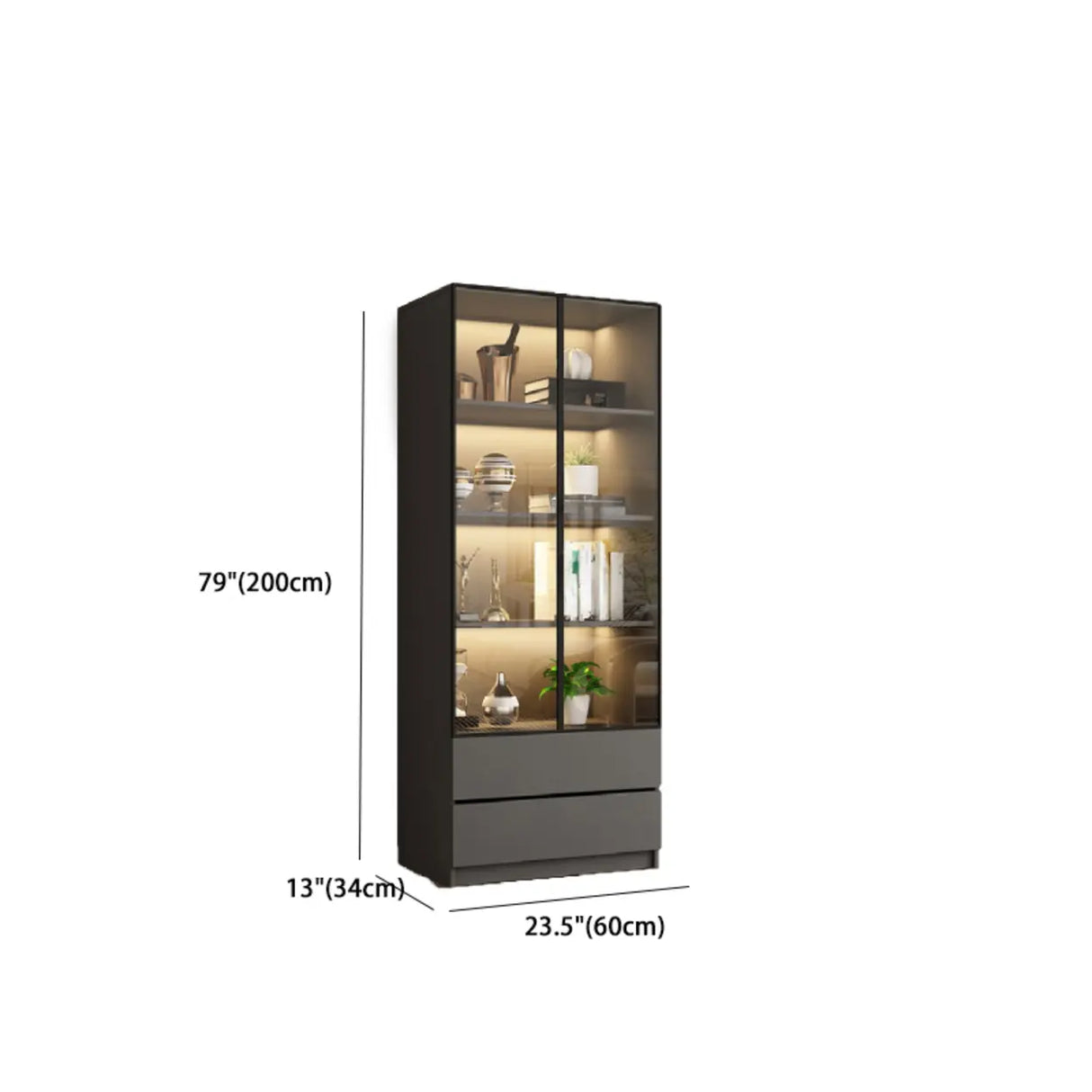 Stylish Grey Wood Vertical Glass Door Tall Bookcase Image - 17