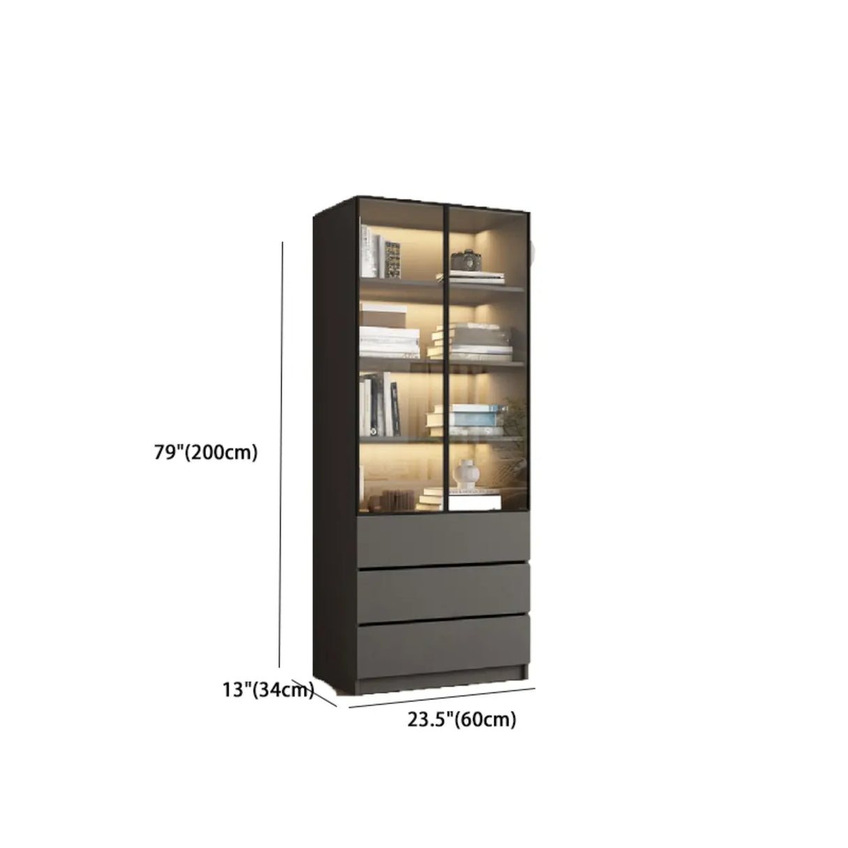 Stylish Grey Wood Vertical Glass Door Tall Bookcase Image - 18