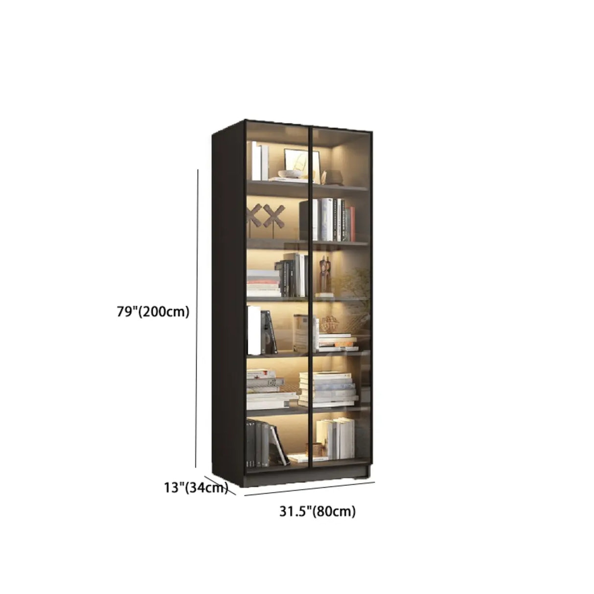 Stylish Grey Wood Vertical Glass Door Tall Bookcase Image - 19