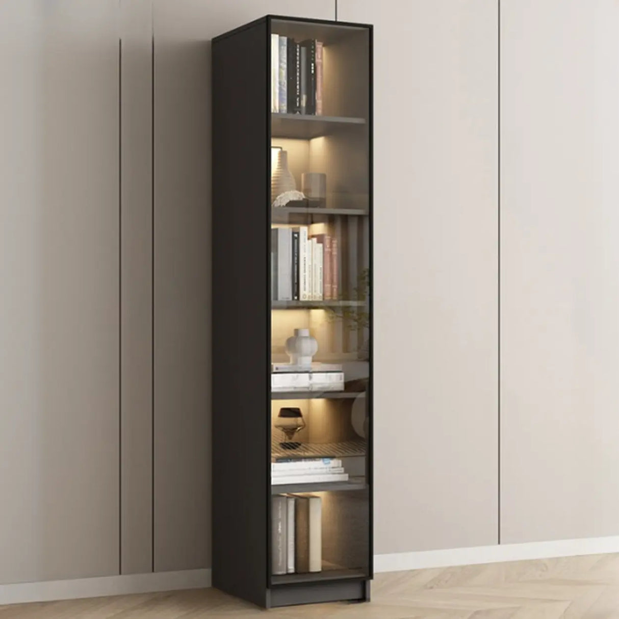 Stylish Grey Wood Vertical Glass Door Tall Bookcase Image - 2