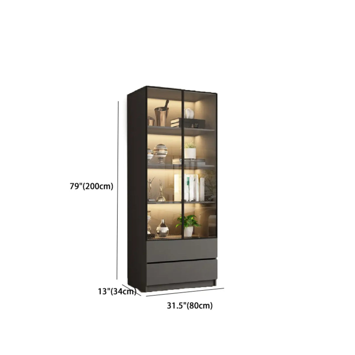 Stylish Grey Wood Vertical Glass Door Tall Bookcase Image - 20