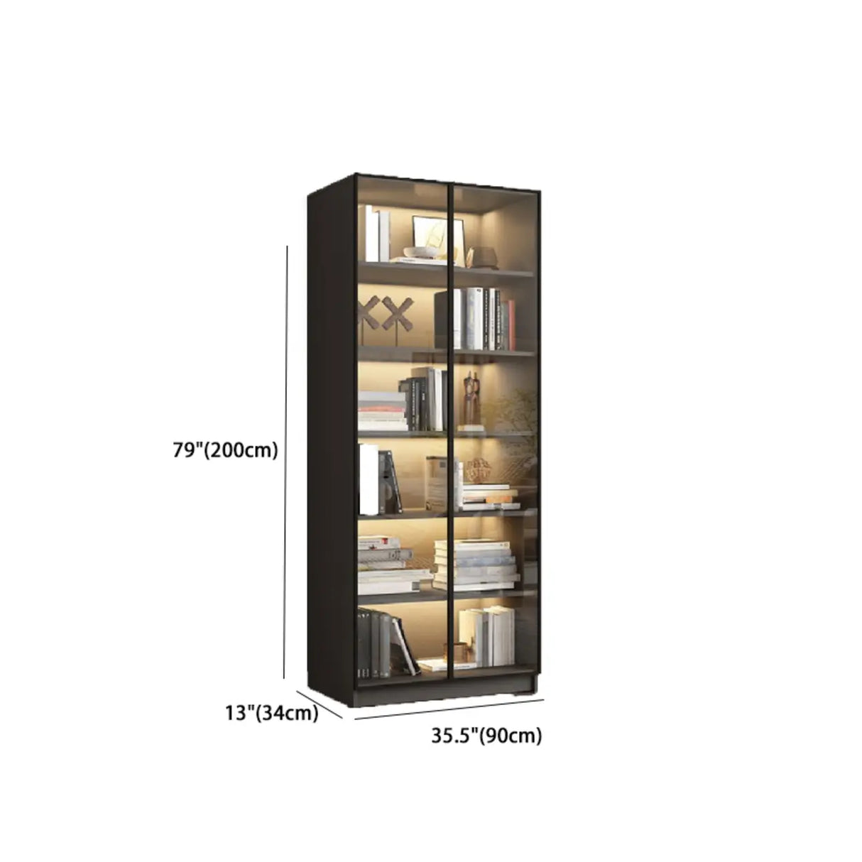 Stylish Grey Wood Vertical Glass Door Tall Bookcase Image - 22