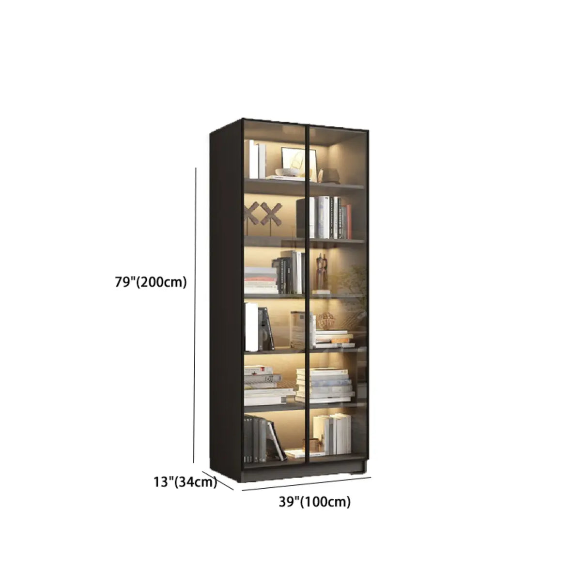 Stylish Grey Wood Vertical Glass Door Tall Bookcase Image - 23