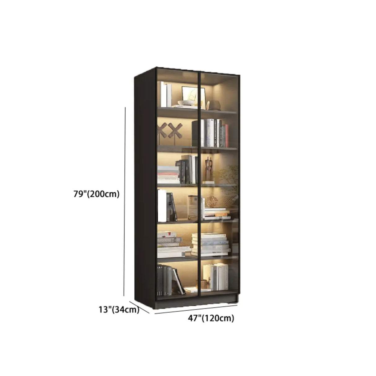 Stylish Grey Wood Vertical Glass Door Tall Bookcase Image - 24