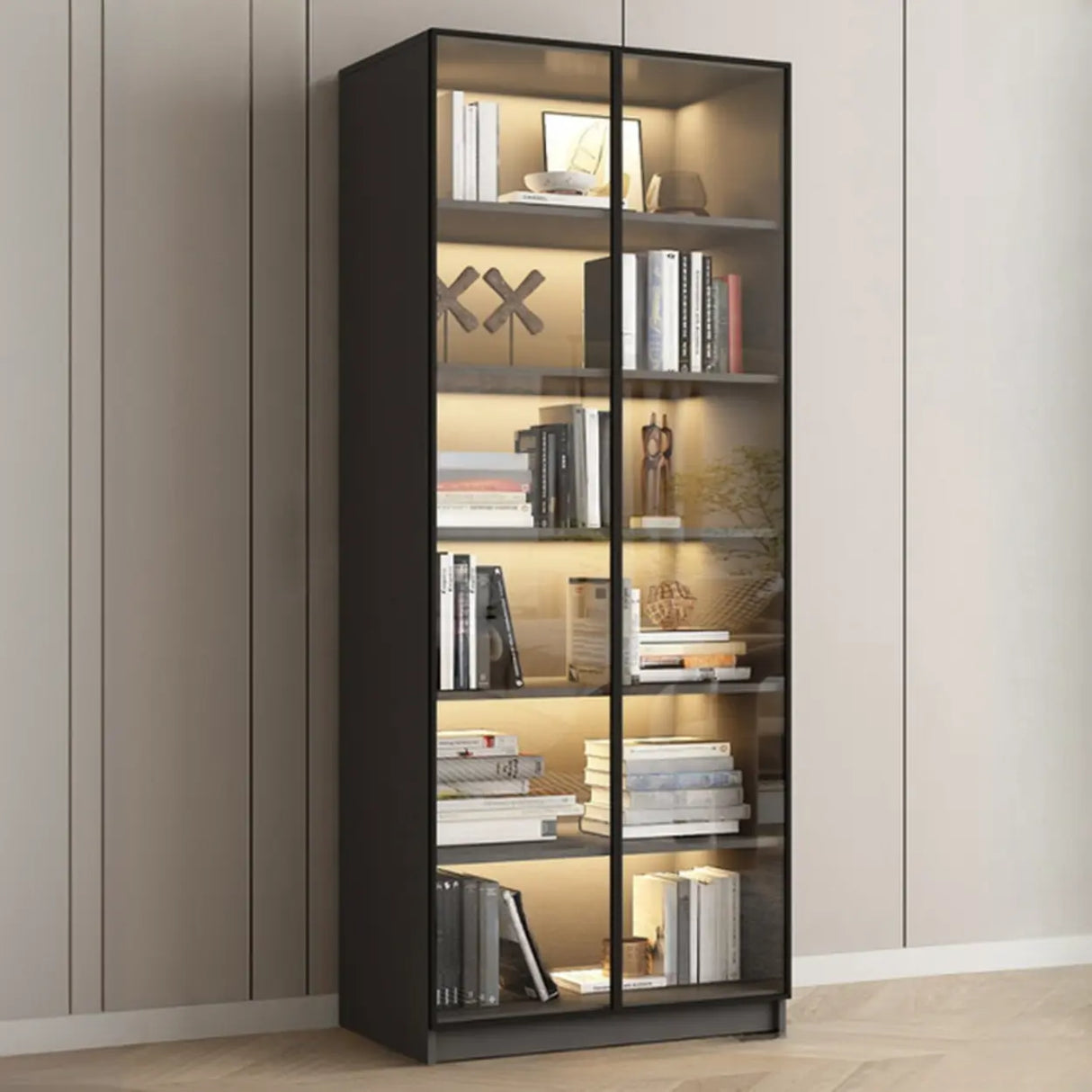 Stylish Grey Wood Vertical Glass Door Tall Bookcase Image - 3