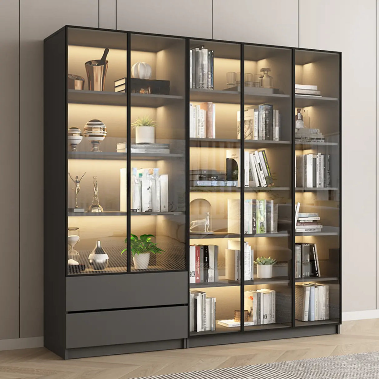 Stylish Grey Wood Vertical Glass Door Tall Bookcase Image - 4
