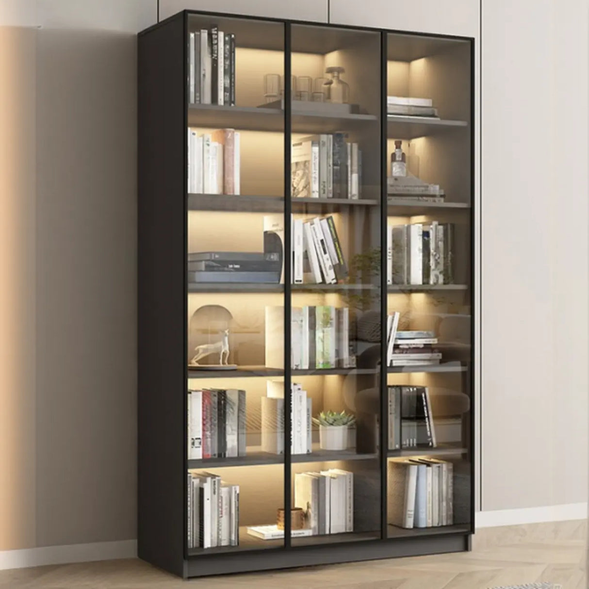 Stylish Grey Wood Vertical Glass Door Tall Bookcase Image - 5