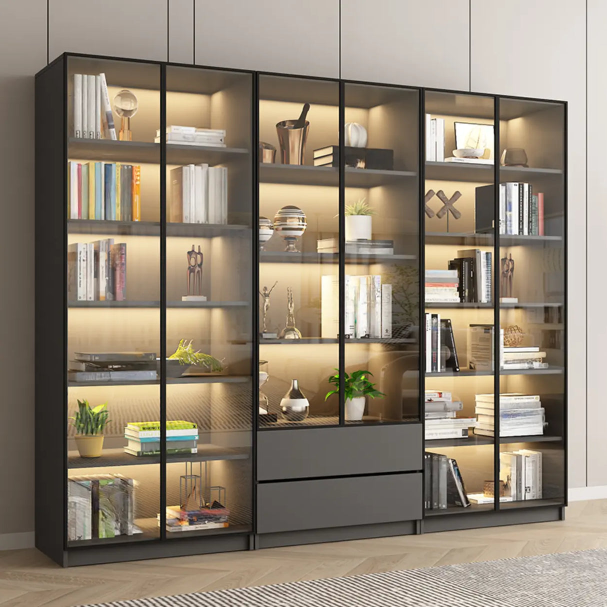 Stylish Grey Wood Vertical Glass Door Tall Bookcase Image - 6