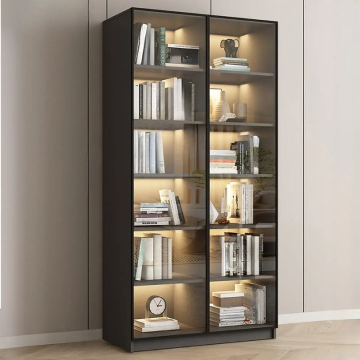 Stylish Grey Wood Vertical Glass Door Tall Bookcase Image - 7