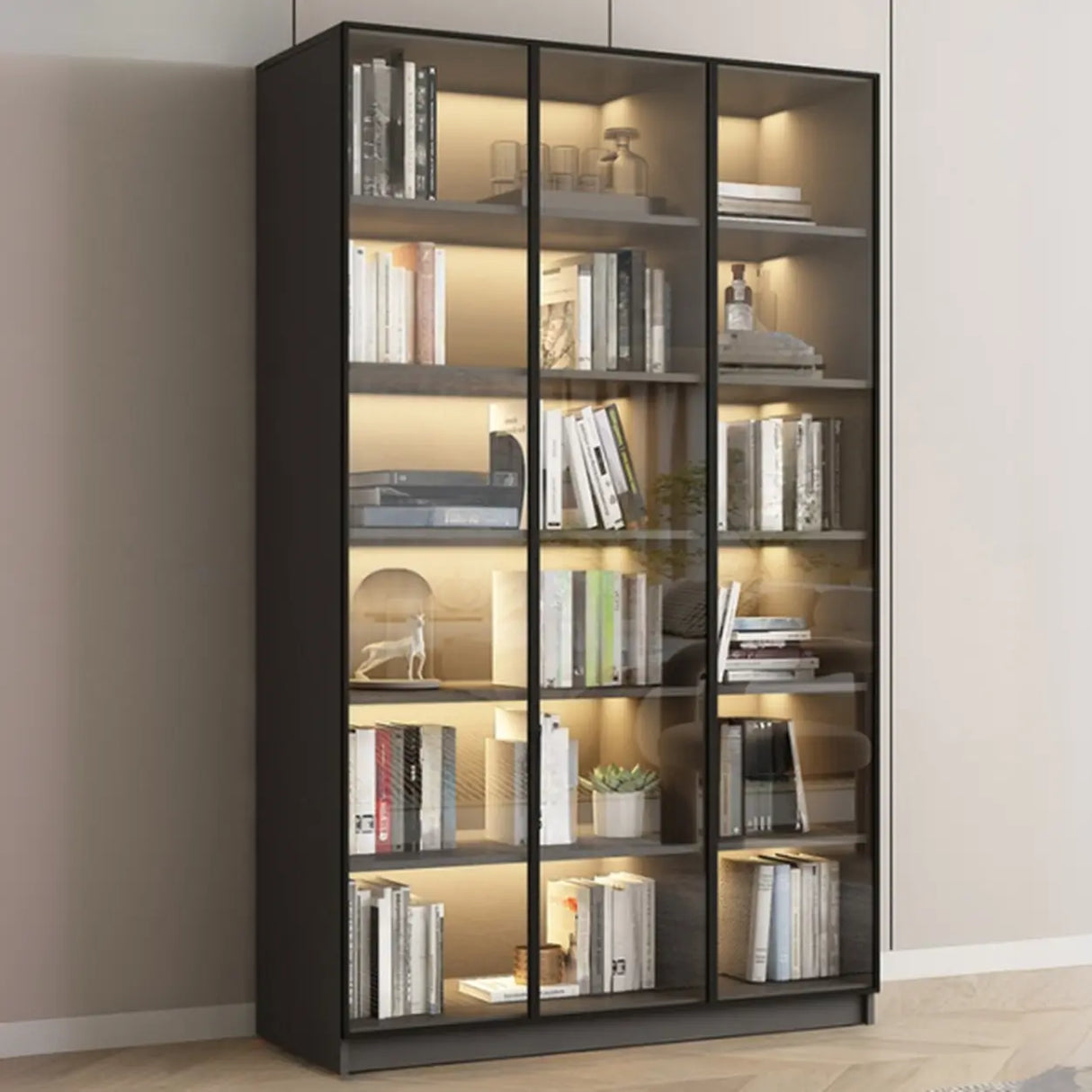 Stylish Grey Wood Vertical Glass Door Tall Bookcase Image - 9