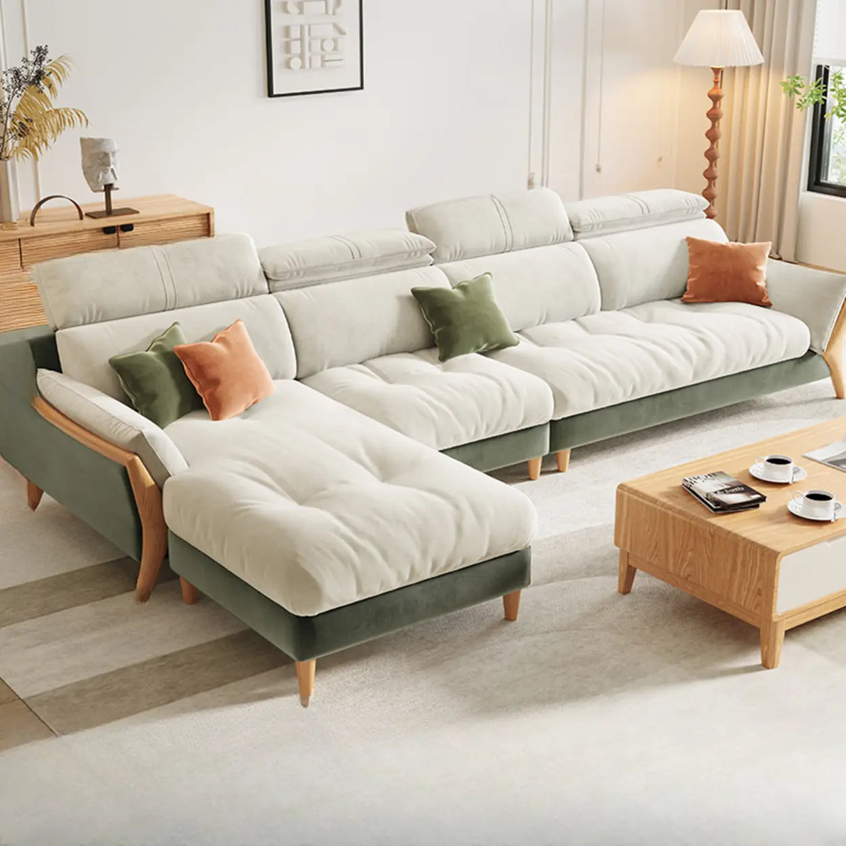 Stylish L-Shape Stationary Fabric White Standard Chaise Sofa Image - 3