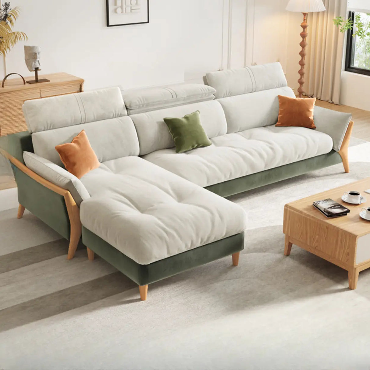 Stylish L-Shape Stationary Fabric White Standard Chaise Sofa Image - 6