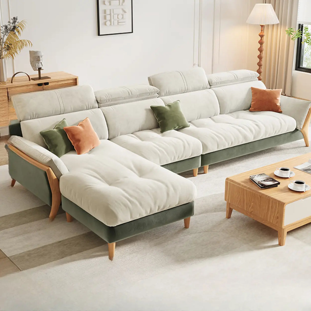 Stylish L-Shape Stationary Fabric White Standard Chaise Sofa Image - 9