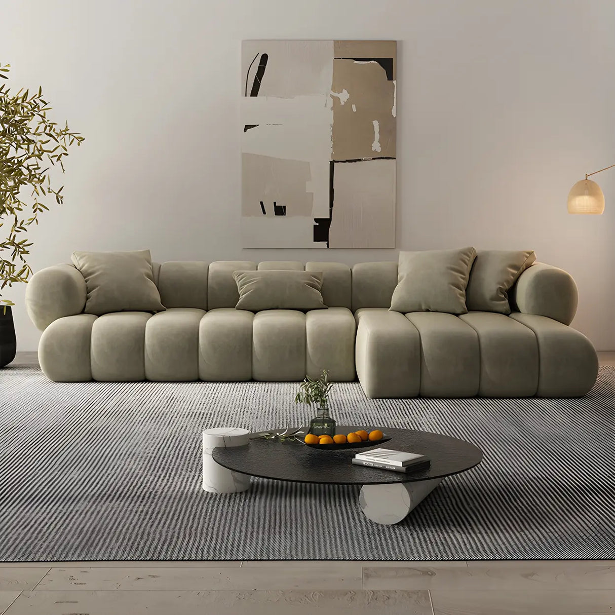 Stylish L-Shaped Velvet Sage Green Large Sectional Sofa Image - 1