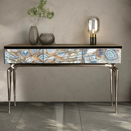 Stylish Metal Legs Blue Stone Storage Console Table Image - 1