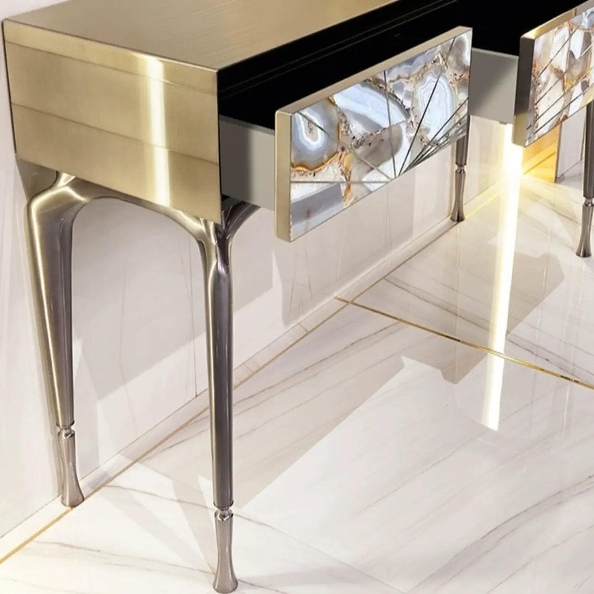 Stylish Metal Legs Blue Stone Storage Console Table Image - 12