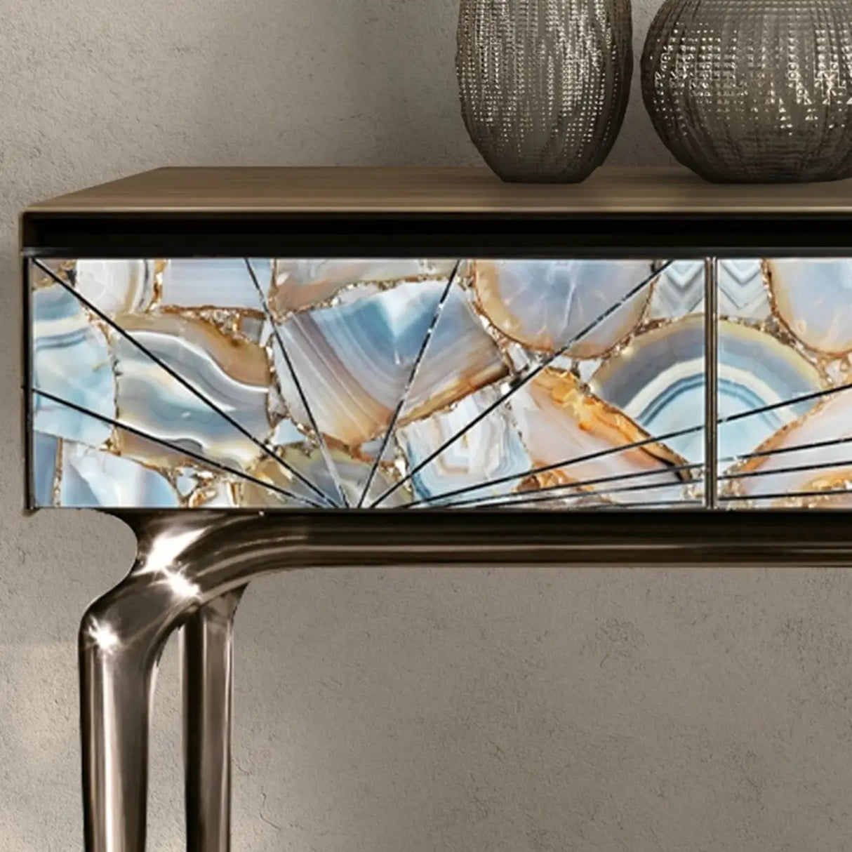 Stylish Metal Legs Blue Stone Storage Console Table Image - 13