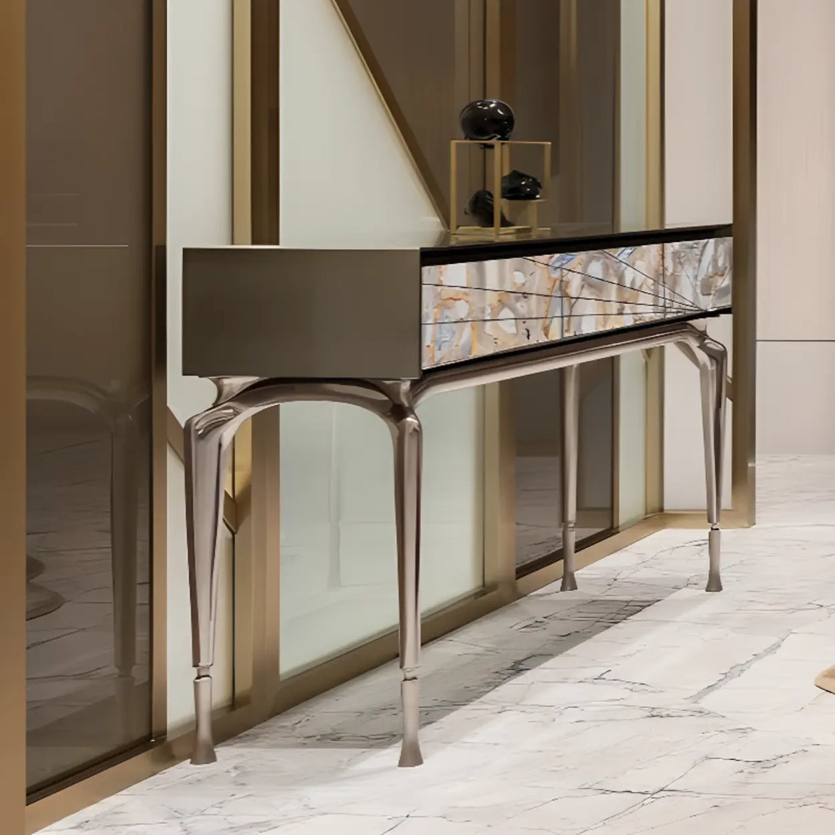 Stylish Metal Legs Blue Stone Storage Console Table Image - 4