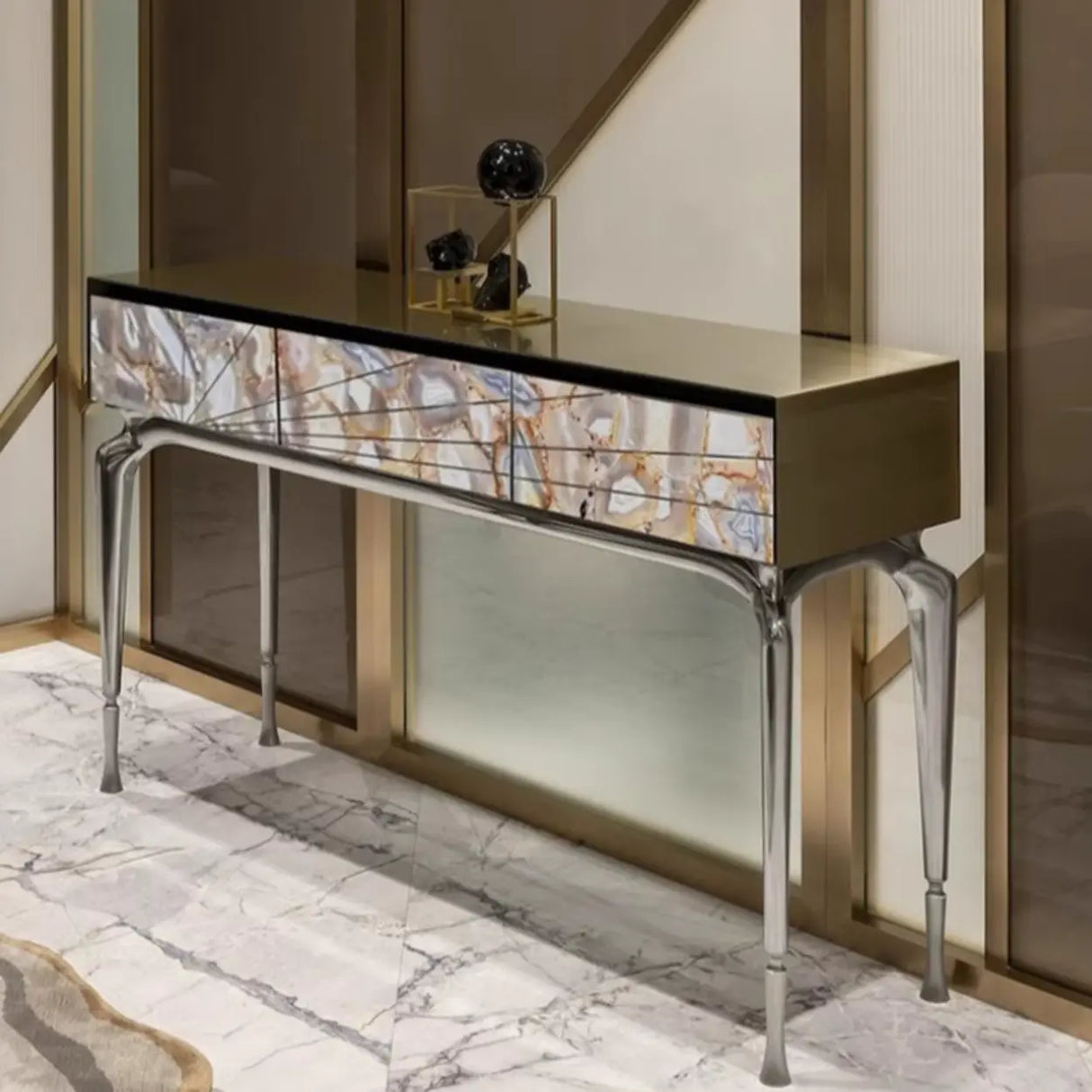 Stylish Metal Legs Blue Stone Storage Console Table Image - 6