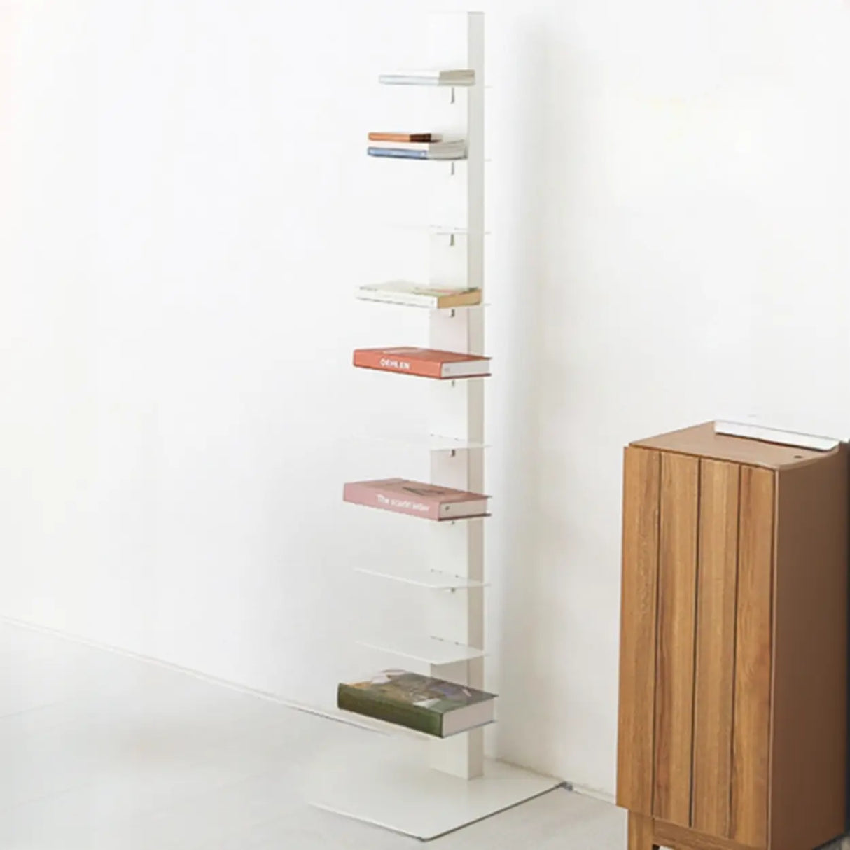 Stylish Metal Open Back Spine Narrow Bookshelf White Image - 3