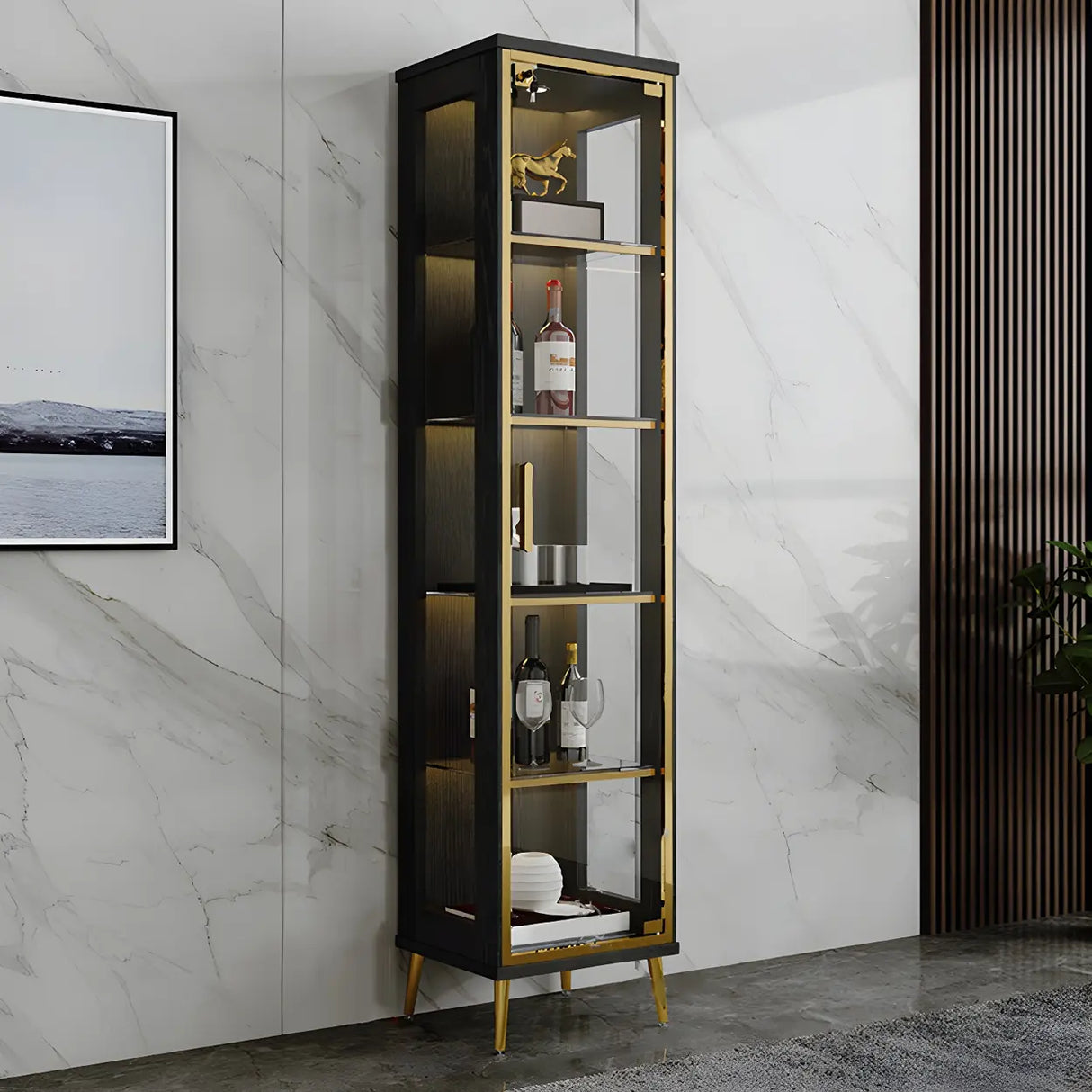 Stylish Narrow Glass Rubberwood Storage Wine Cabinet Image - 3