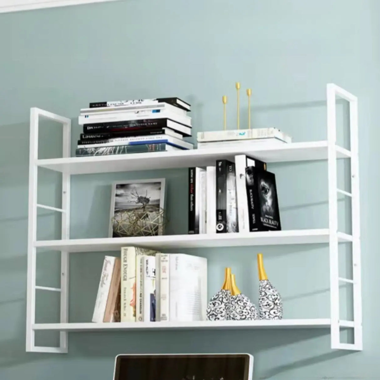 Stylish Open 3-Tier Black Wall-Mounted Iron Bookshelf Image - 12
