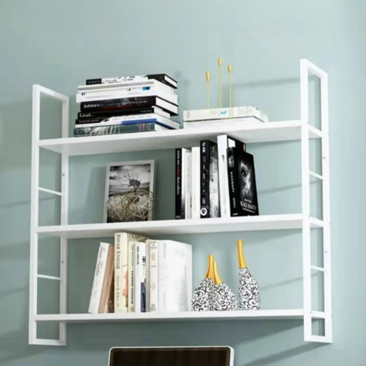 Stylish Open 3-Tier Black Wall-Mounted Iron Bookshelf Image - 13