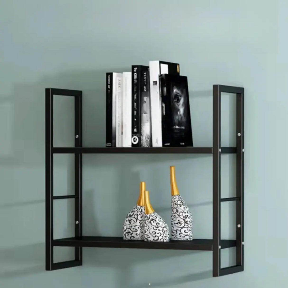 Stylish Open 3-Tier Black Wall-Mounted Iron Bookshelf Image - 3