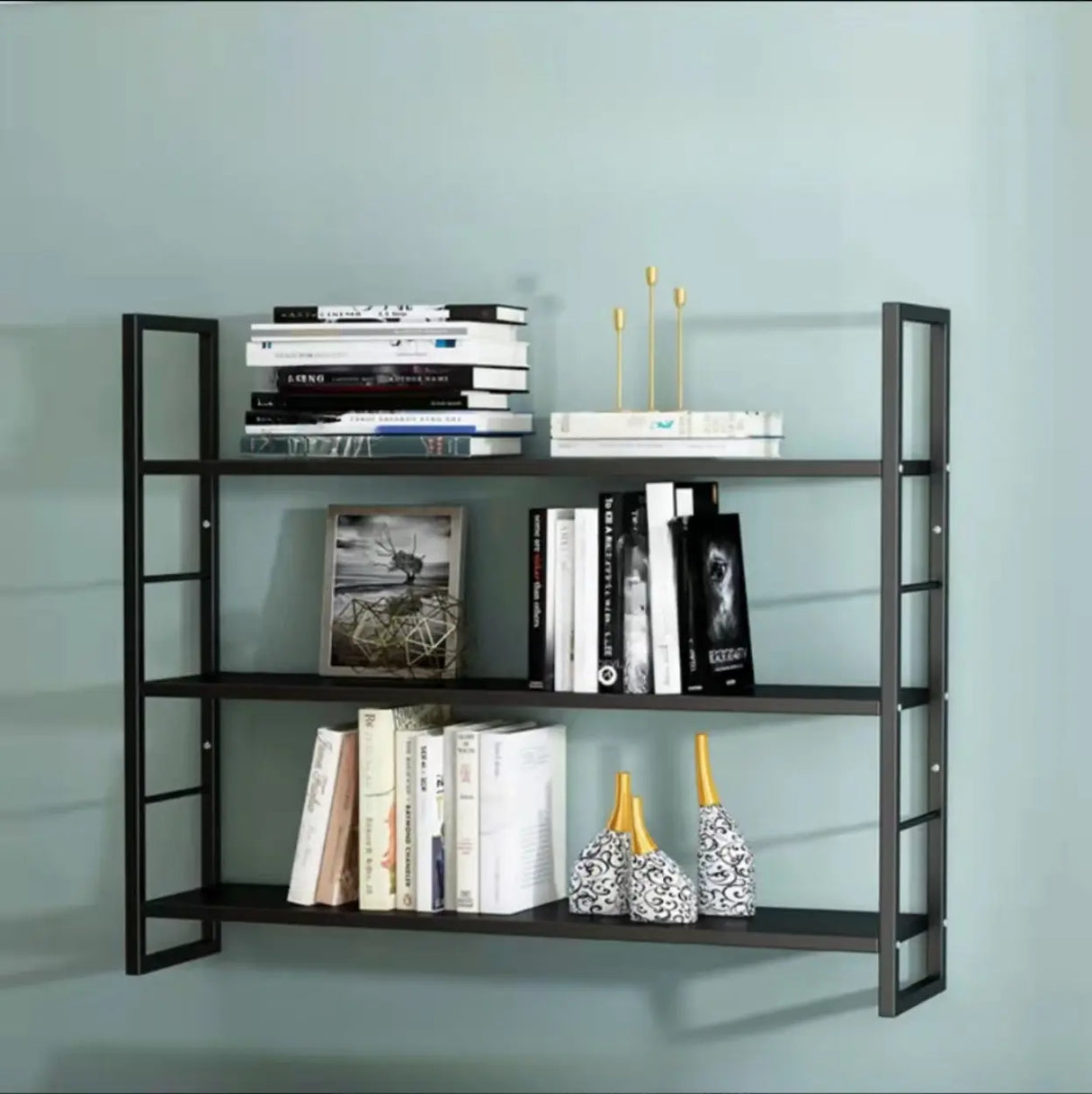 Stylish Open 3-Tier Black Wall-Mounted Iron Bookshelf Image - 4